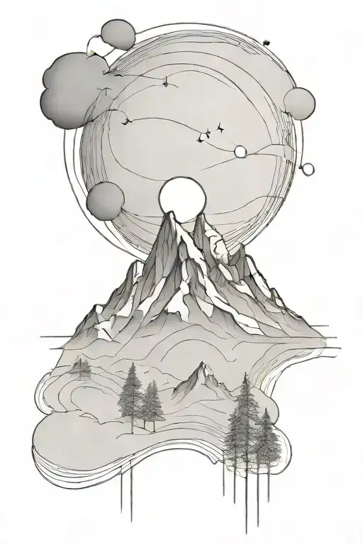 Moon And Mauntain With Long Straight Lines Above And Below