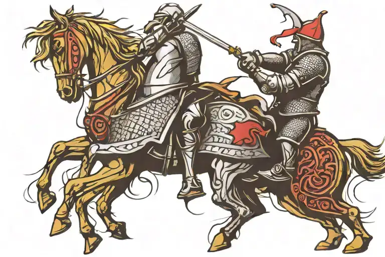 Templar Warrior On A Horse Fighting A Viking Warrior