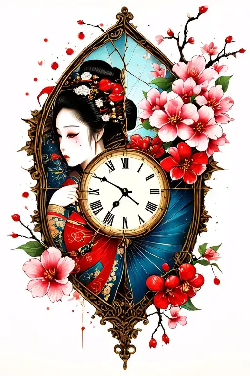 Broken Clock With A Back Geisha And Cherry Flowers