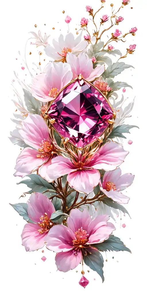 Pink Sapphire With White Gold With Pink Flowers In Background
