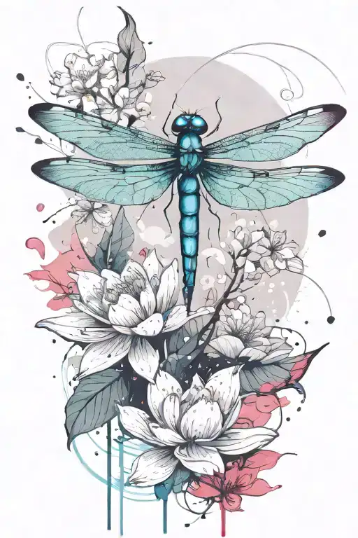 Dragonfly Resting On A Lotus Flower With Cherry Blossom Petals Falling Around Them