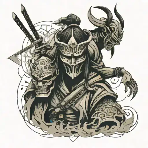 Samurai In Mask Holding Head Of His Enemy