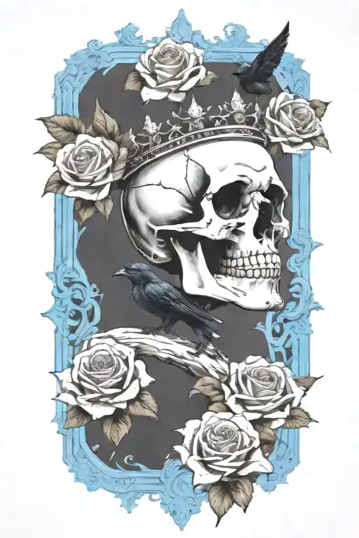 Skull Wearing Crown With Raven On Skull And Blue Roses
