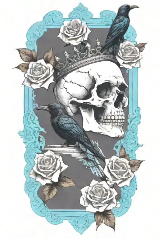 Skull Wearing Crown With Raven On Skull And Blue Roses