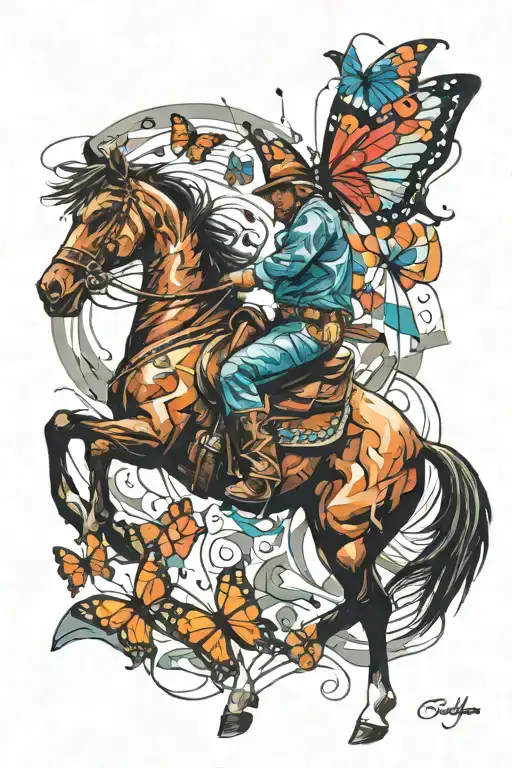 Cowboy On Horse And Butterfly Flying Away