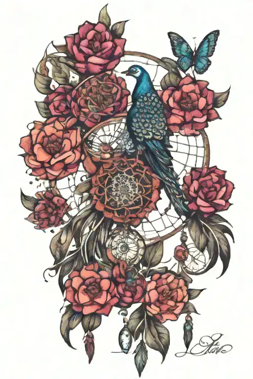 Magnolia Flower With Peacock And Dreamcatcher Hanging