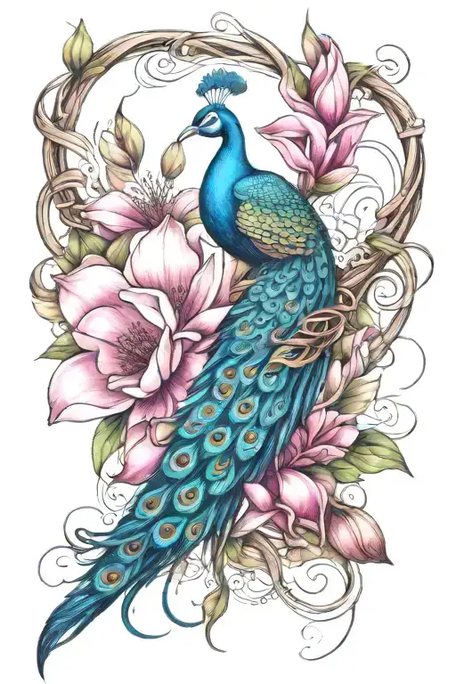 Magnolia Flower With Peacock And Thin Ropes