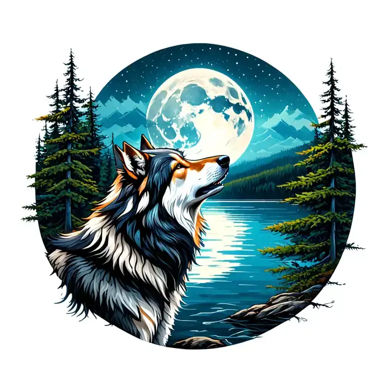 Adult Wolf Howling At The Moon In The Distance With Forest Lake Behind