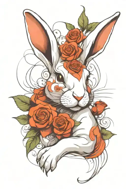 Abstract Design Of A Stretching White Rabbit With Roses