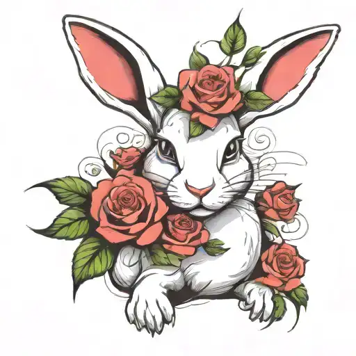 Abstract Design Of A Stretching White Rabbit With Roses