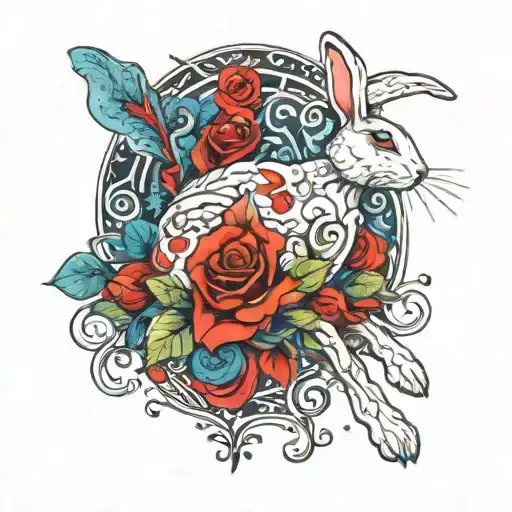 Abstract Design Of A Running White Rabbit With Roses