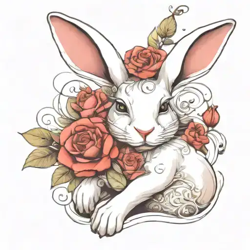 Abstract Design Of A Sitting White Rabbit With Roses