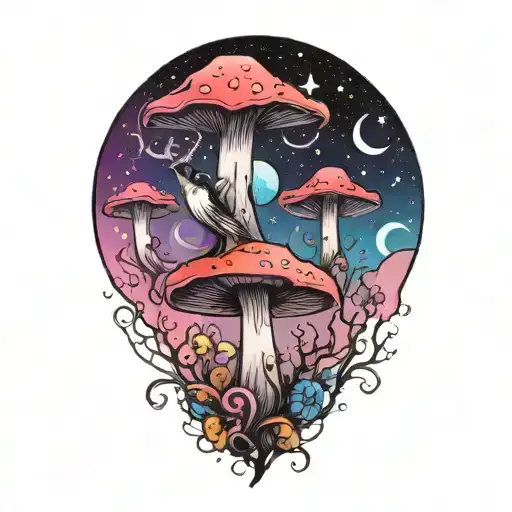 Colorful Mushroom With Ravens And Moon