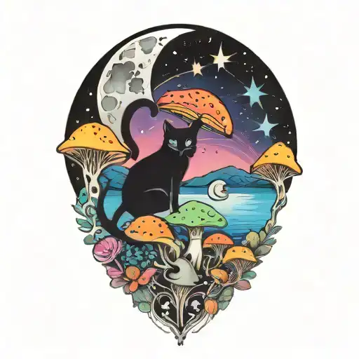 Moon With Black Cat And Colorful Mushrooms