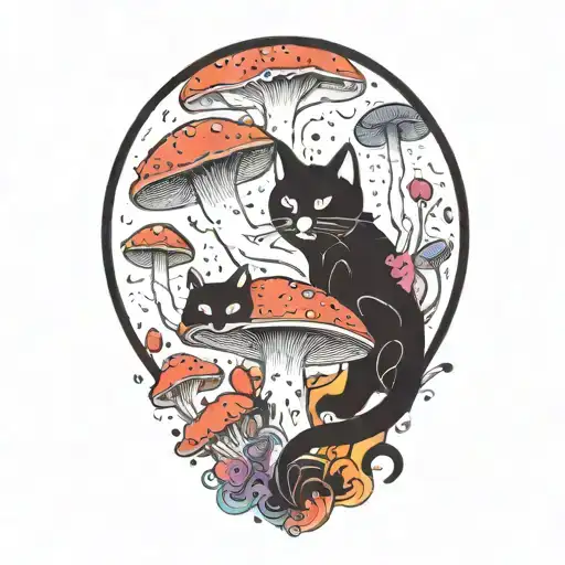 Colorful Mushroom With Black Cat