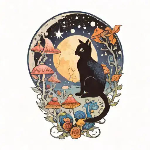 Moon With Black Witch Cat And Colorful Mushrooms Growing