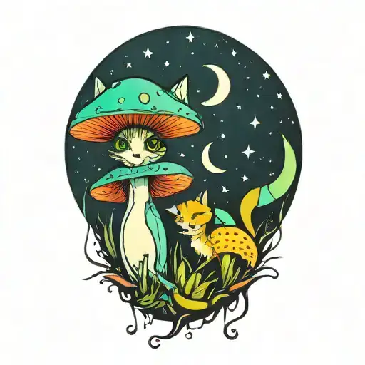 Colorful Mushroom With Cat And Moon