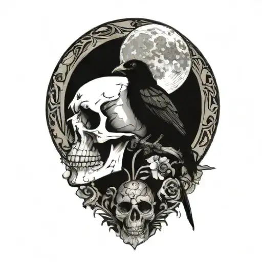 Moon And Raven Perched On A Skull