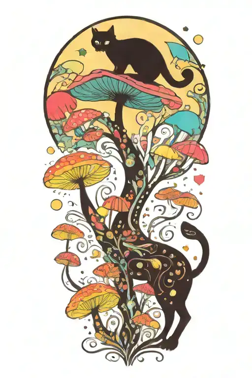 Black Cat And Trippy Colorful Mushrooms With Moon