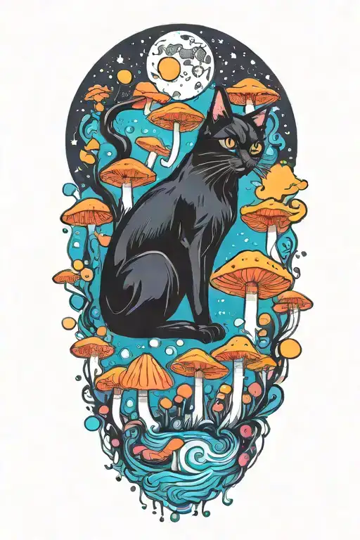 Black Cat And Trippy Colorful Mushrooms With Moon Melting