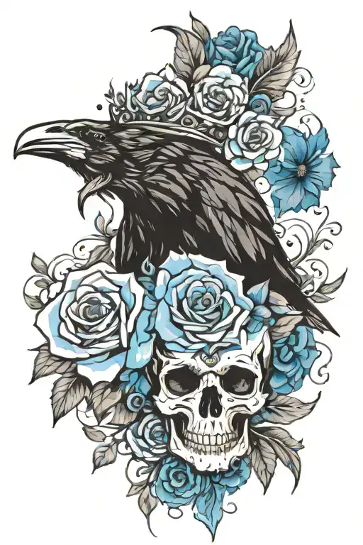 Raven Wearing Crown With Blue Rose And Skull