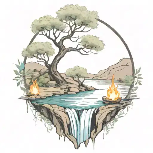 A River With A Campfire An Olive Tree On Either Side Of It Waterfalls Down The Front