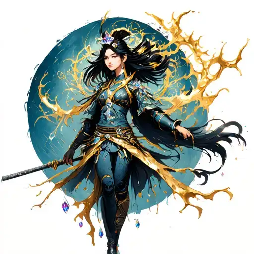 A Female Mystical Samurai Being With A Body Made Of Melted Gold And Adorned With Precious Crystals