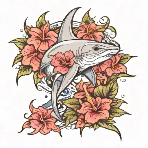 Hammerhead Shark With Hibiscus Surrounding