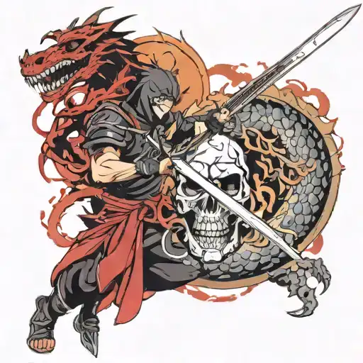 Ninja And Sword And Dragon And Skull