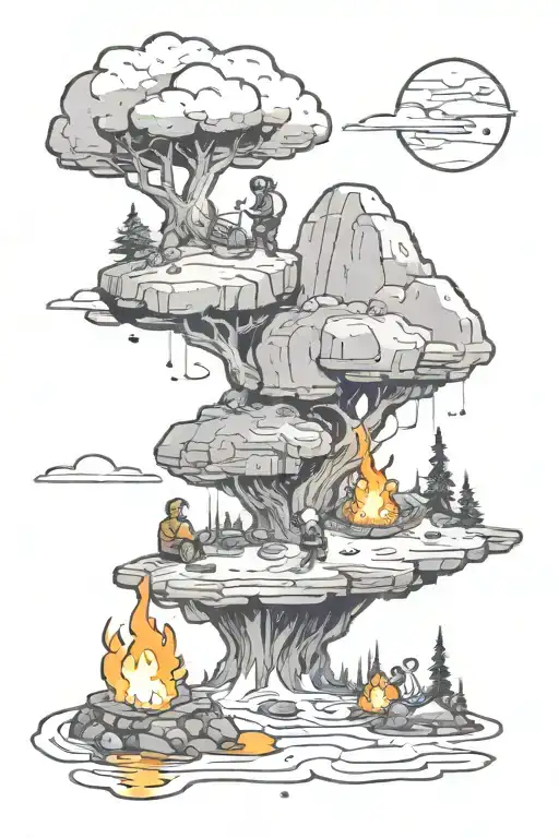 Small Floating Rock In Space With Two Guys Around A Campfire