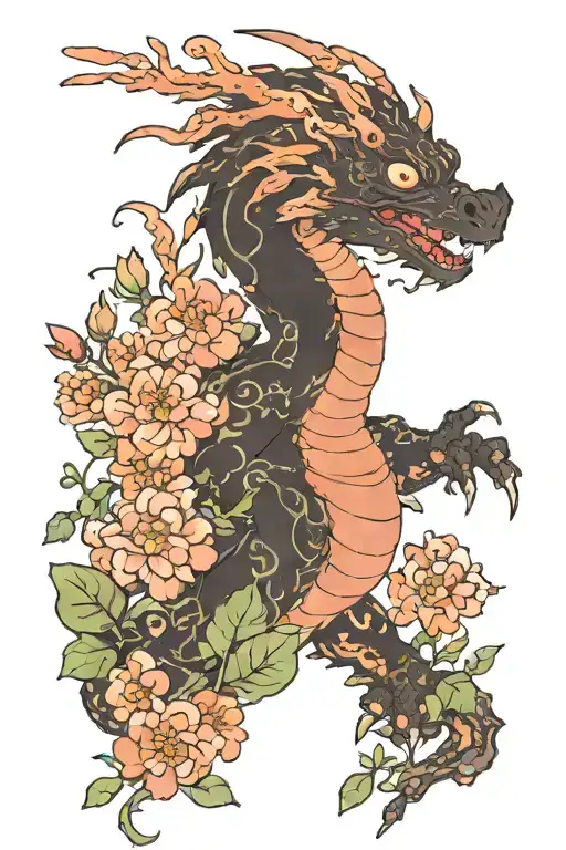 Studio Ghibli Style Dragon With Flowers And Influence From Sukuna From Jujutsu Kaisen
