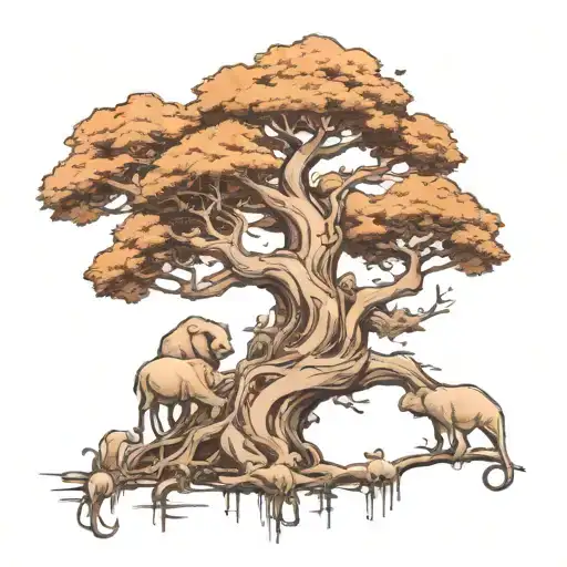 Ancient Tall Tree Full Of Animals