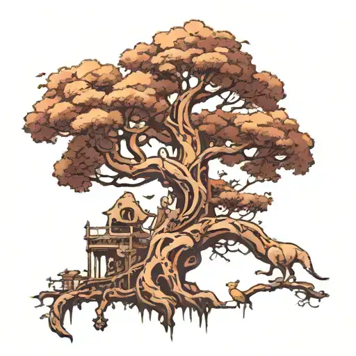 Ancient Tall Tree Full Of Animals