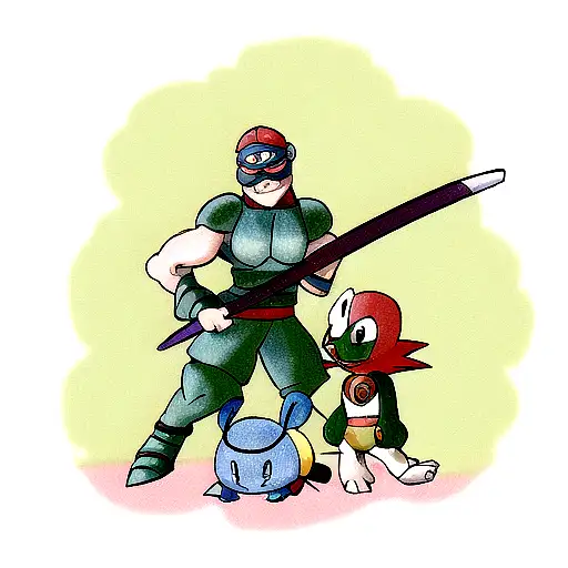 Raphael From Tmnt Standing Behind Squirtle The Pokemon