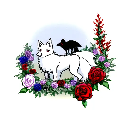 Arctic Fox And Red Fox With Ravens Suflowers Roses And Butterflies