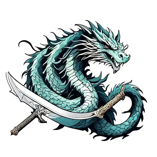 Band Tattoo With Dragon And Sword Fine Line