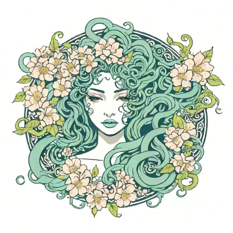 Medusa With Snakes In The Hair And Sakura Blooming In Background