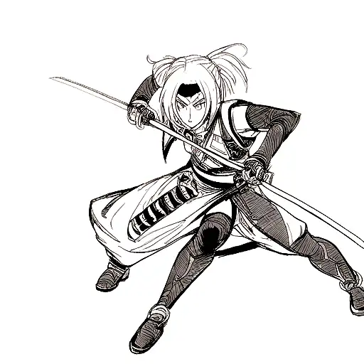 An Anime Character Wielding A Katana With Intricate Black-grey Shading