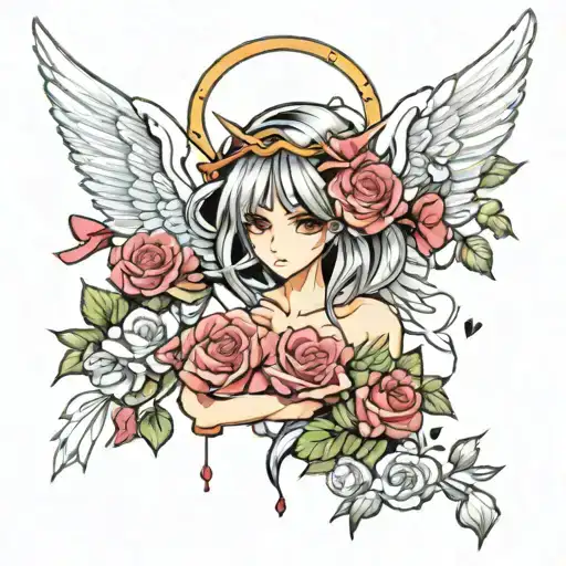 Angel With Roses And Hearts Surrounded