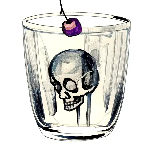 A Cocktail Glass With Skull Ice Cubes And A Cherry