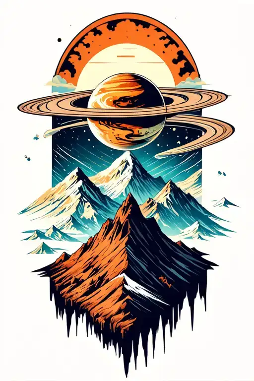 Forming Saturn On Top Of A Mountain Peak Surrounded With Patterns