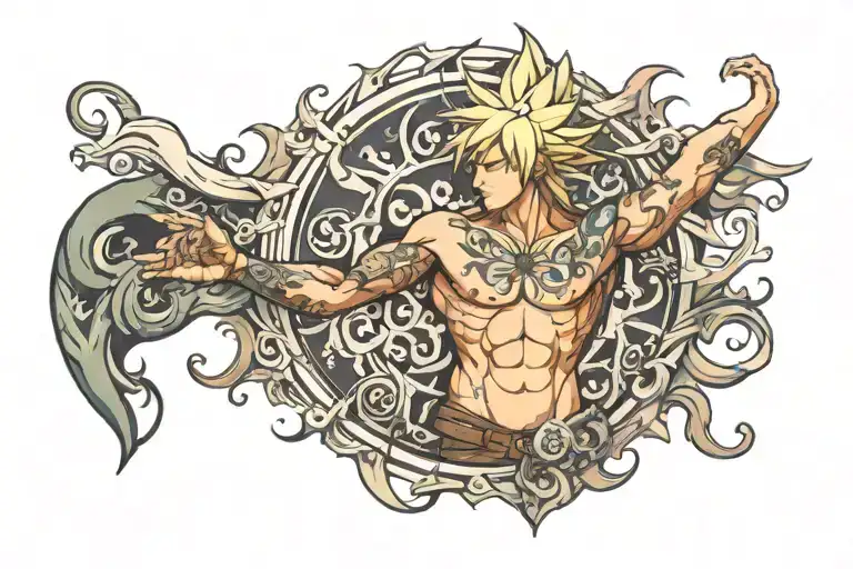 Sun On Right Chest With Tattoos Leading Down Arm