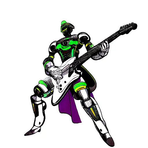 A Futuristic Engineer With Robotic Arms Playing A Guitar Surrounded By Stars