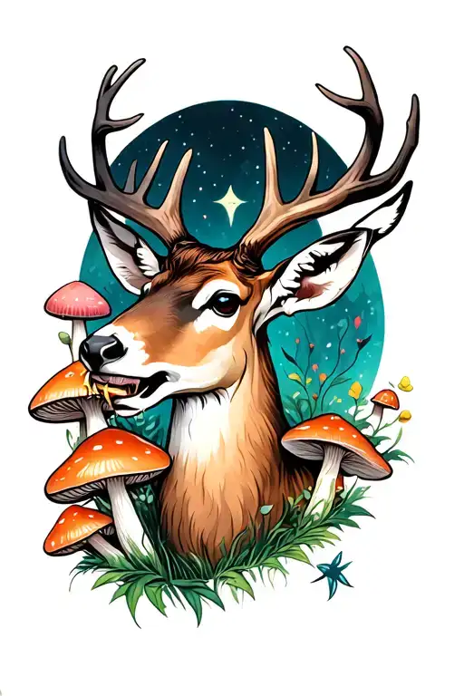 Mystical Deer Head Eating Mushrooms