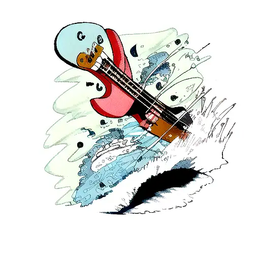 A Bass Guitar Surrounded By Swirling Waves And A Fishing Hook