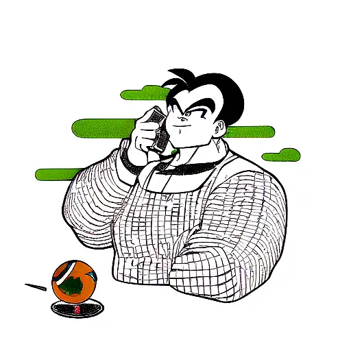 A Finance-themed Tattoo Featuring A Dragon Ball Z Character Managing Money In A Dotwork Style