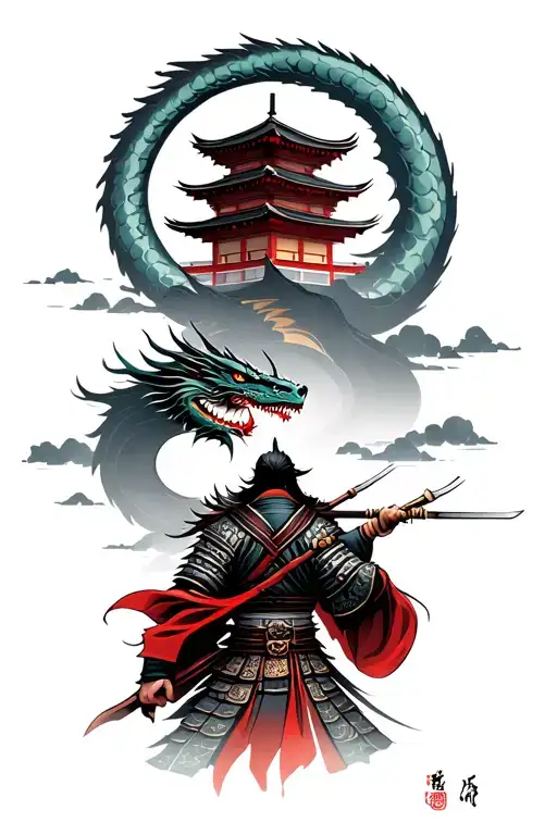 A Samurai Facing A Temple With A Dragon Above It