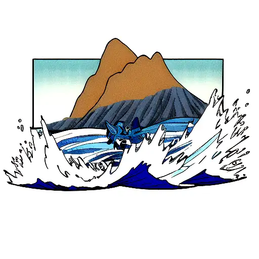 Waves Interwinding With Mountains With A Dog And A Blue Fighter Fish