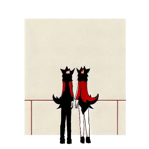 Two Wolves Facing Opposite Direction In Black And Red