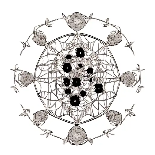 A Black Flower With Spiderwebs And A Skull In The Center